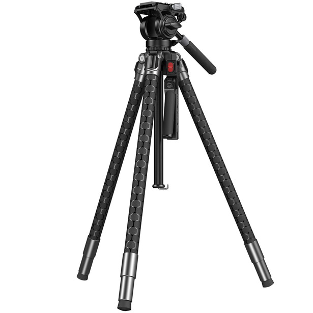 Professional video tripod with fluid head and three extended legs against white background.