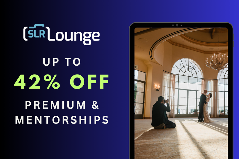 Promotional graphic for SLR Lounge offering up to 42% off premium mentorships and photography education.