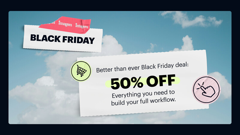 Graphic promoting a Black Friday sale offering 50% off photography and creative workflow tools.