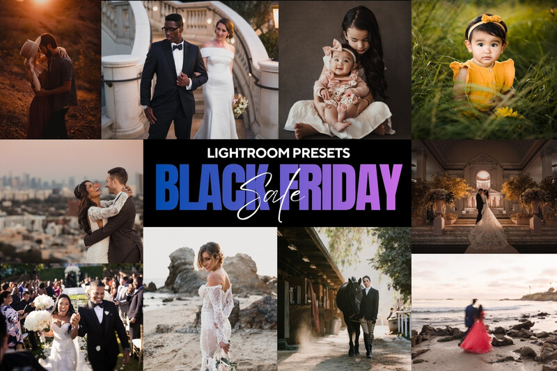Graphic showcasing Lightroom presets for Black Friday with a grid of wedding and portrait photography examples.