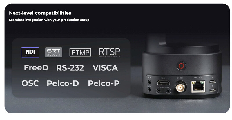 Graphic showing next-level device compatibilities including NDI, SRT, RTMP, RTSP, FreeD, RS-232, VISCA, OSC, Pelco-D, and Pelco-P protocols alongside a compact hardware device with ports.