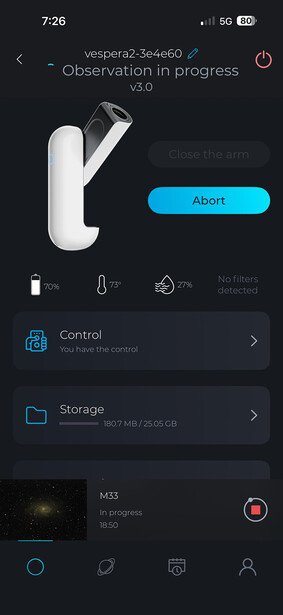 Screenshot of a mobile app interface showing camera setup controls and observation progress indicator.
