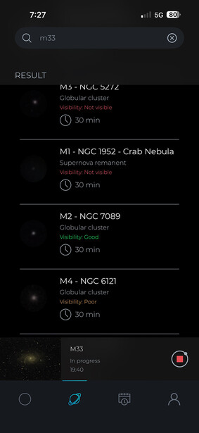 Screenshot of astronomy app showing deep-sky object search results with NGC catalog entries.