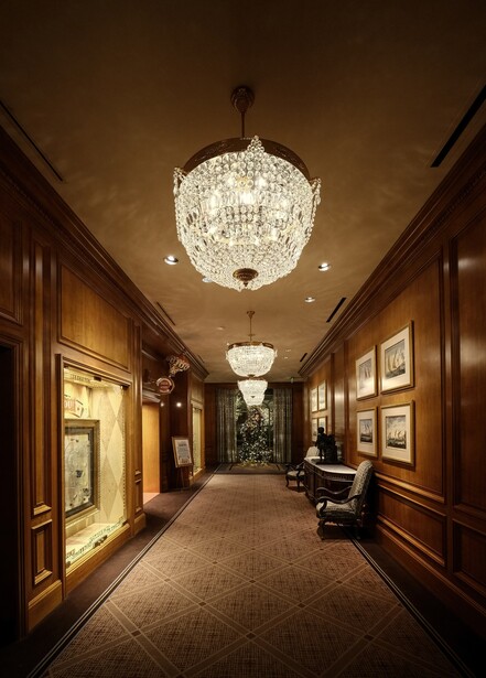 Elegant hallway with ornate crystal chandelier and warm ambient lighting from wall sconces.