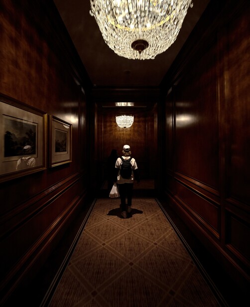 Figure standing alone in a narrow hallway with dark wood paneling and an ornate crystal chandelier overhead.
