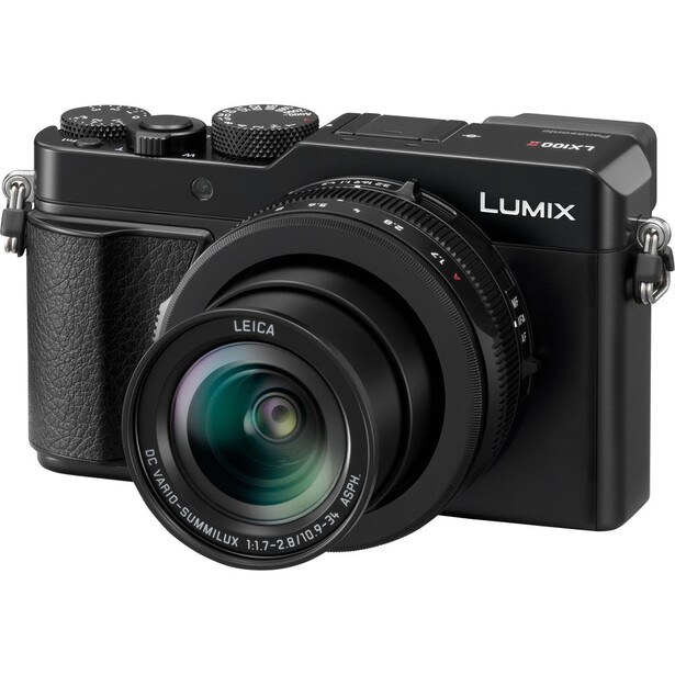 Panasonic Lumix compact camera with fixed Leica lens mounted on white background.
