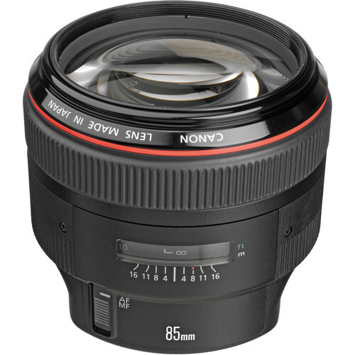 Canon EF 85mm f/1.2L USM lens shown from front angle against white background.