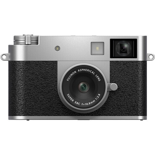 Rangefinder camera with silver top plate and black textured body featuring a fixed lens.