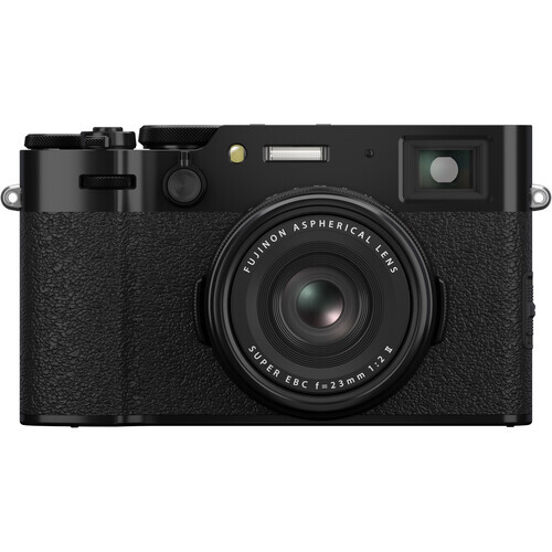 Fujifilm X100V compact digital camera with black leather body and fixed 35mm lens.