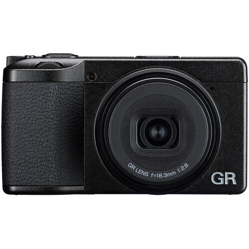 Ricoh GR compact digital camera with fixed 28mm lens and black textured grip.