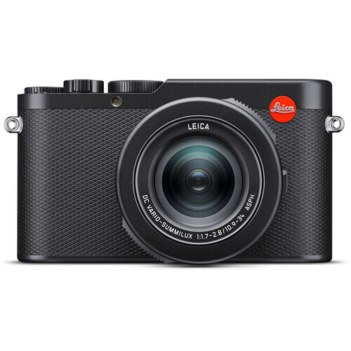 Leica D-Lux compact camera with black textured body and fixed Leica lens against white background.