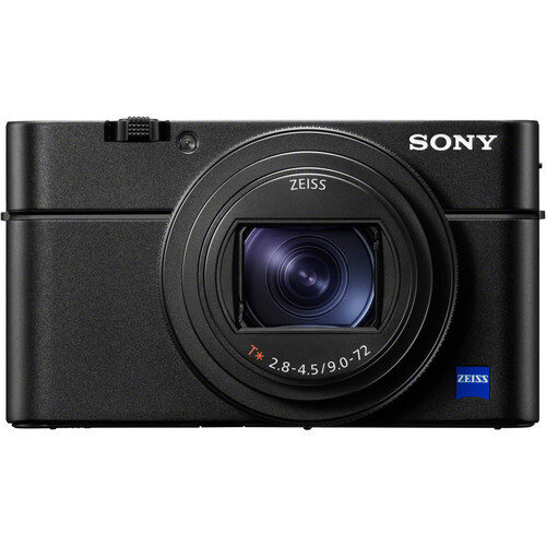 Sony RX100 VII compact camera with Zeiss lens on white background.