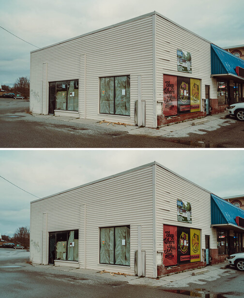 Before-and-after comparison of a white commercial building with storefront windows.