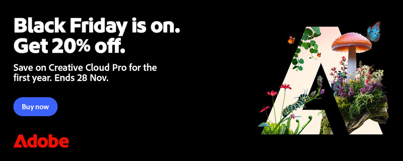 Adobe Creative Cloud Pro Black Friday promotional banner with 20% discount offer and stylized letter A containing botanical imagery.