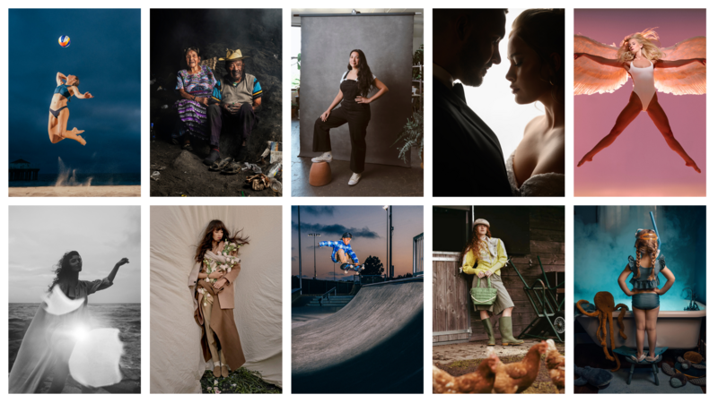 Grid of ten portrait and lifestyle photographs featuring diverse subjects in various lighting and compositional styles.
