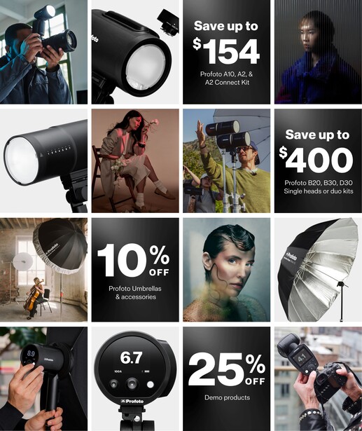 Promotional graphic showcasing photography lighting equipment and studio gear with pricing discounts.