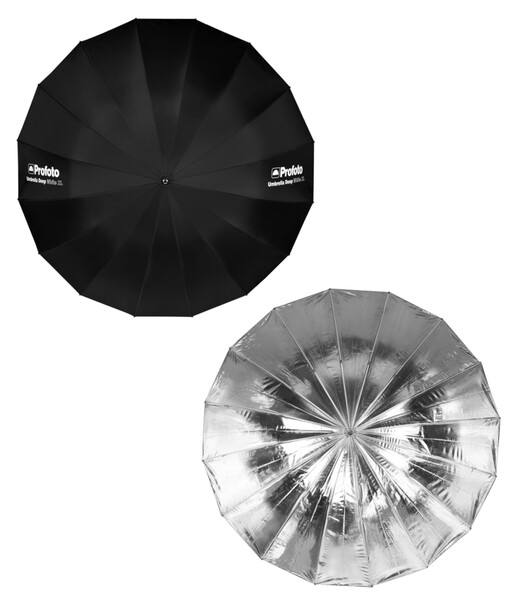 Two large studio umbrellas shown from above: a black exterior model and a silver interior reflector variant.