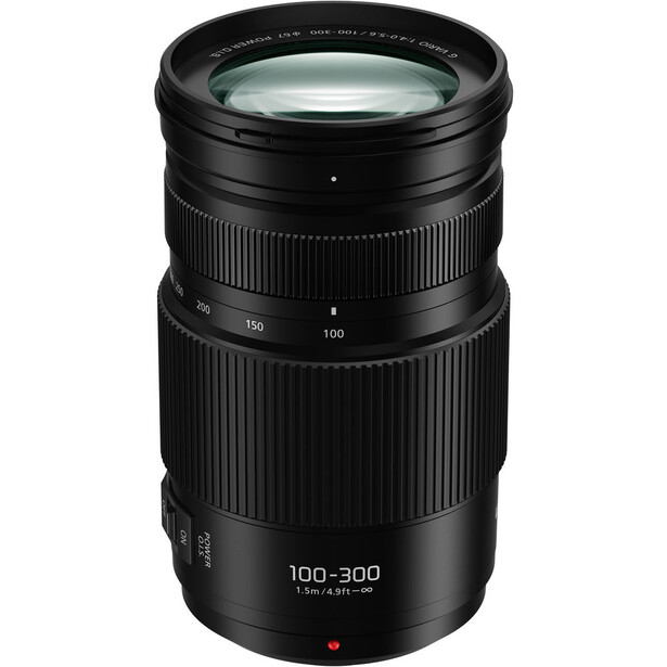 Panasonic Lumix 100-300mm telephoto zoom lens with black barrel and focus ring.