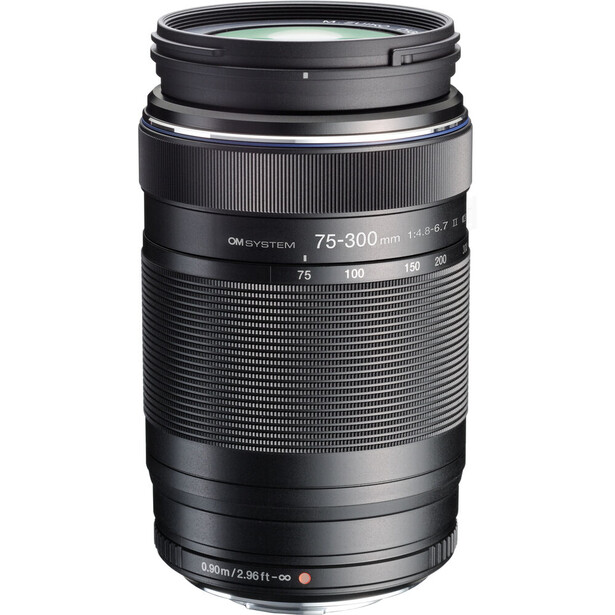 Black telephoto zoom lens with ribbed grip and metal mounting ring.