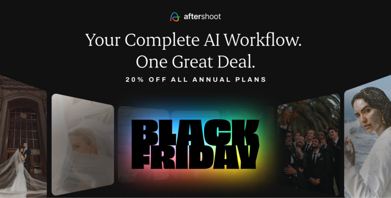 Aftershoot Black Friday promotional banner featuring neon text and product imagery.