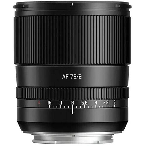 Viltrox AF 75/2 lens with focus ring and distance scale markings displayed against white background.