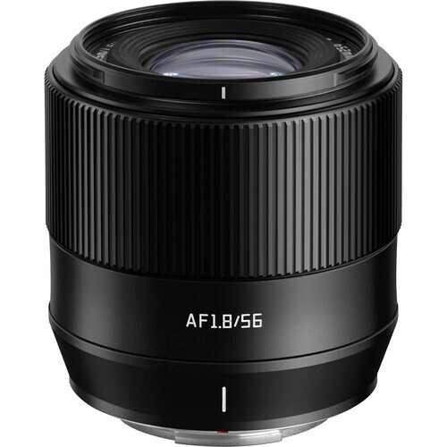 Viltrox AF 1.8/56mm lens with vertical ribbed grip and focus ring against white background.