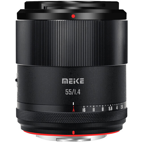 Meike 55mm f/1.4 lens with focus ring and aperture markings visible on barrel.