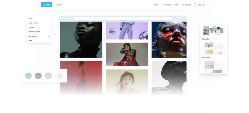 Screenshot of a portfolio website design interface with a grid of portrait photography featuring diverse subjects with dramatic lighting and color grading.