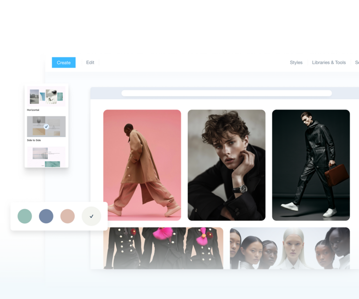 Screenshot of a portfolio design interface showing portrait photography examples with color palette options.
