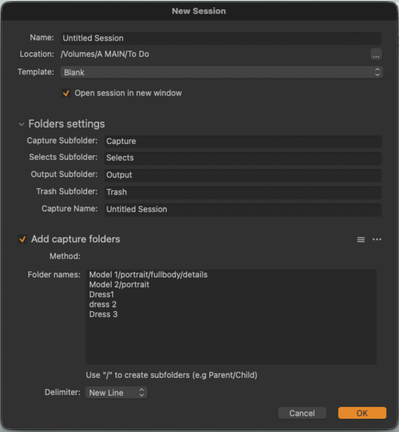 Screenshot of a New Session dialog box for configuring capture settings and folder organization.