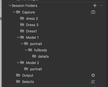 Screenshot of a folder structure organizing photography project files and assets.