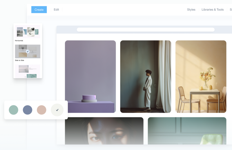 Screenshot of a design tool showing a mood board with color palette and interior photography samples.