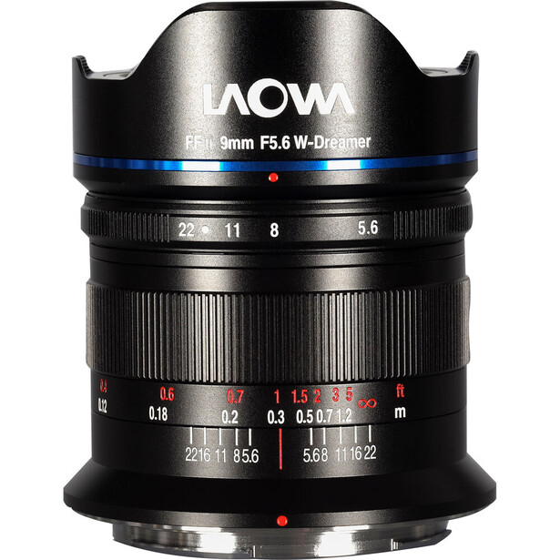 Laowa 9mm F5.6 W-Dreamer ultra-wide angle lens with front lens cap and focus scale markings visible.