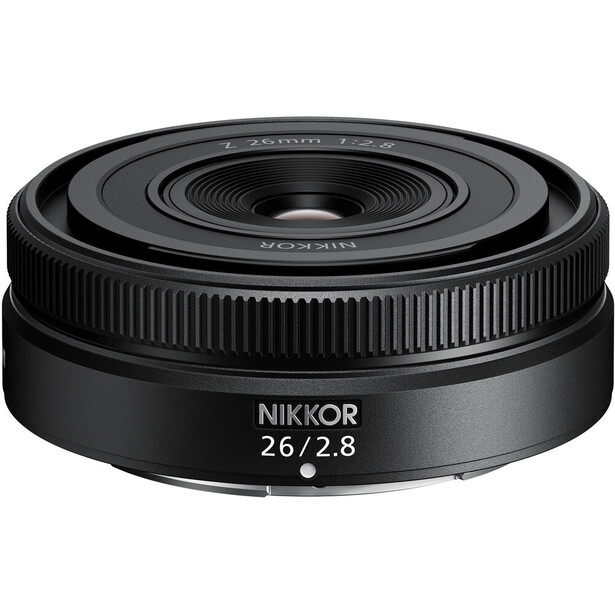 Nikon Z mount 26mm f/2.8 prime lens with ribbed focus ring and black finish.