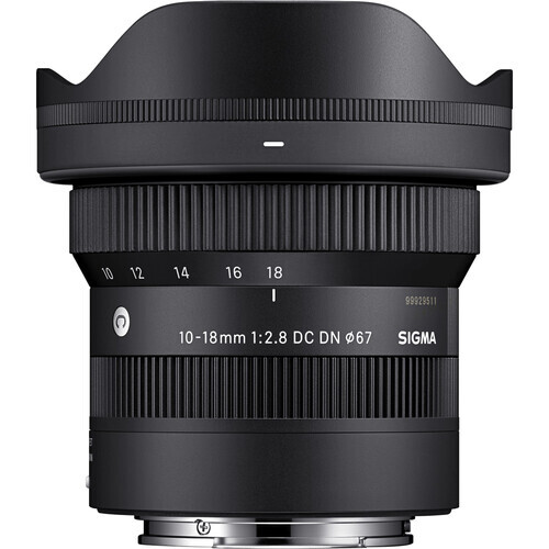 Sigma 10-18mm f/2.8 DC DN Art ultra-wide zoom lens with hood attached.