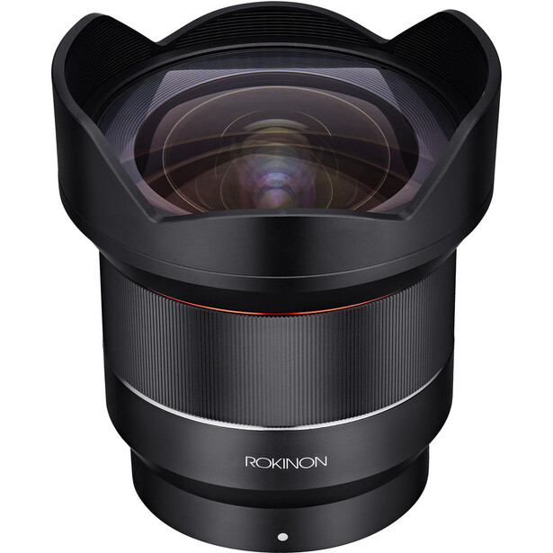 Rokinon ultra-wide angle lens with bulbous front element and lens hood attached.