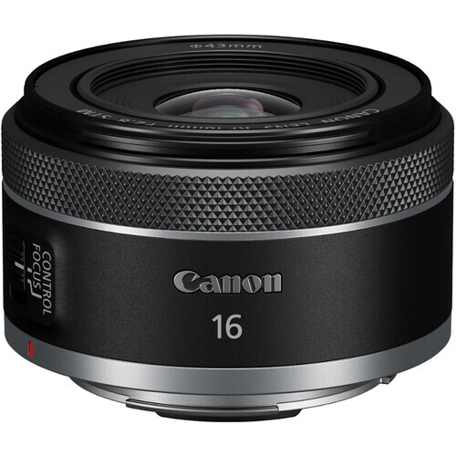 Canon RF 16mm f/2.8 macro lens with black barrel and metal mount ring.
