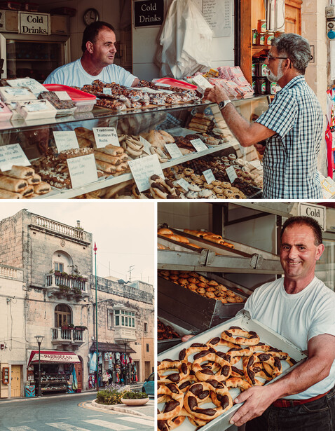 Bakery workers handling fresh bread and pastries at a counter display.