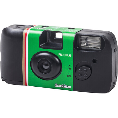 Fujifilm QuickSnap single-use film camera with green body, black ends, and built-in flash.