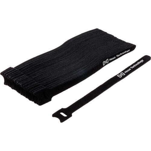 Black cable management straps and a coiled bundle of velcro ties displayed together.