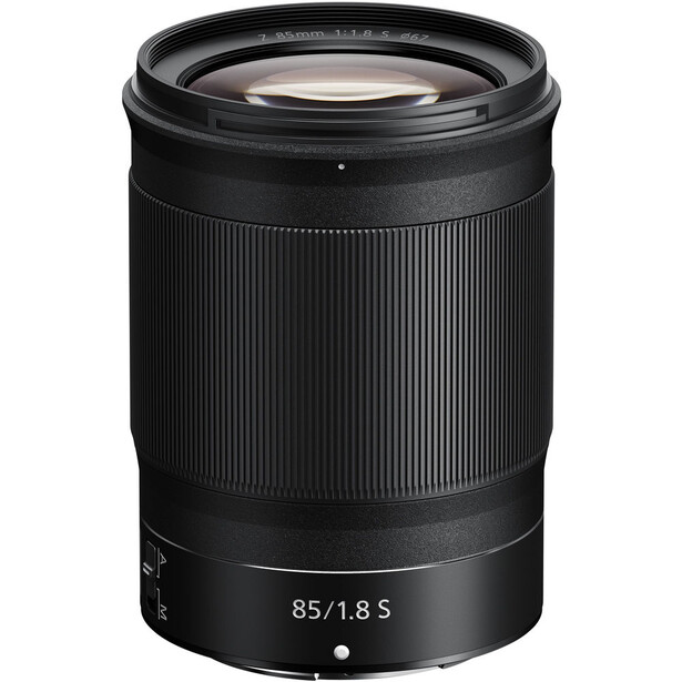 Nikon Z mount 85mm f/1.8 S prime lens with black barrel and ribbed focus ring.