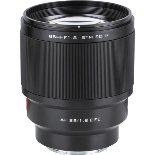 Sony 85mm f/1.8 prime lens with STM autofocus and FE mount, shown against white background.