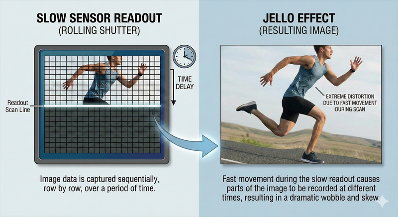 Diagram comparing rolling shutter sensor readout with resulting jello effect distortion in a running athlete image.