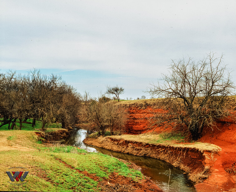 Rural landscape with winding stream, olive trees, and red soil hillside under partly cloudy sky.