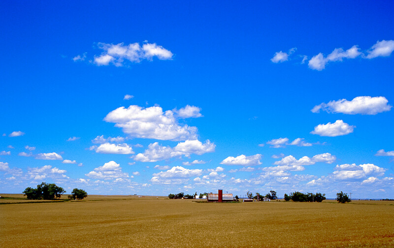 Vast flat agricultural field under blue sky with scattered white clouds and farm buildings on horizon.