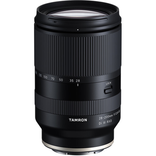 Tamron 28-200mm f/2.8-5.6 Di III RXD zoom lens with vertical ribbed barrel and focus ring.