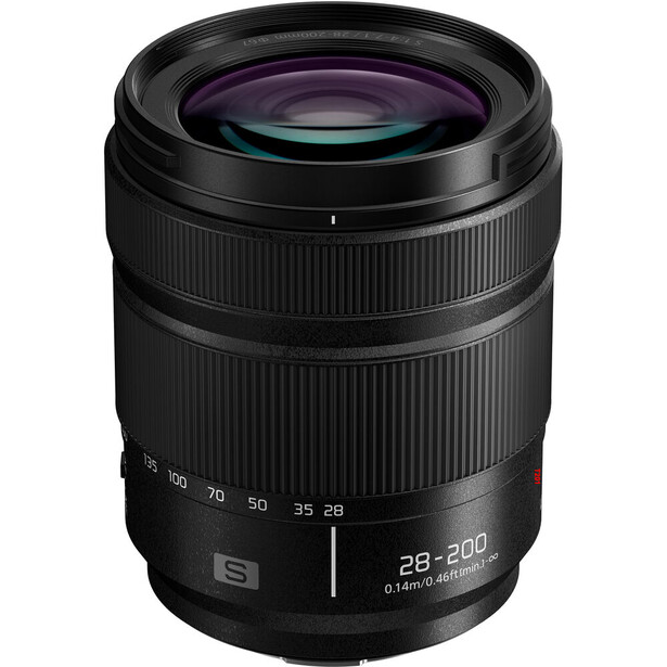 Panasonic Lumix S 28-200mm f/4-7.1 macro zoom lens with glass elements visible through the front element.