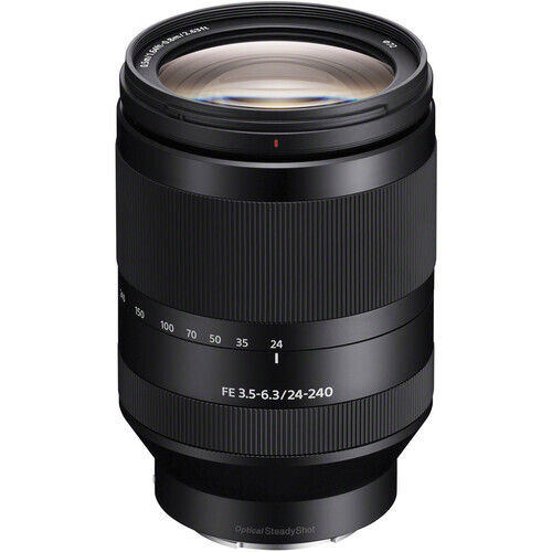 Sony FE 3.5-6.3/24-240 zoom lens with extended barrel and focus ring against white background.