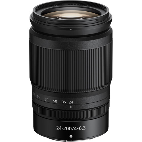 Nikon Z 24-200mm f/4-6.3 zoom lens with vertical ribbed grip and focal length markings.