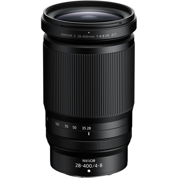 Nikon Z-mount 28-400mm f/4.8 telephoto zoom lens with ribbed barrel and focus ring.